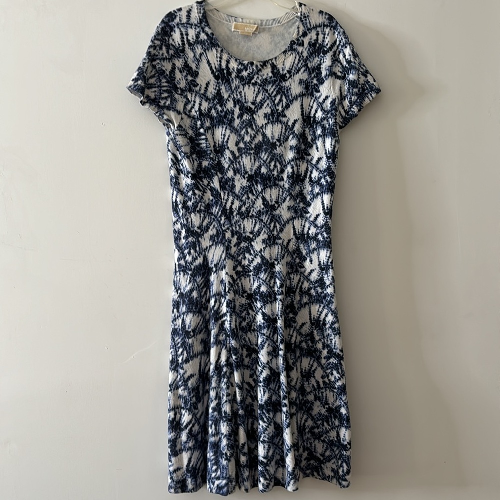 Michael Kors abstract blue white knit midi dress size S petite